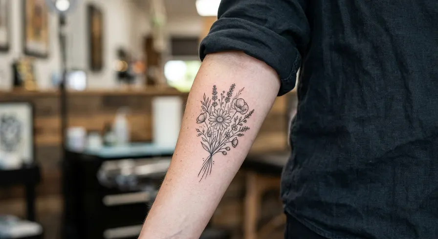 A beautiful small wildflower bouquet tattoo in a blackwork style on a woman's forearm, showcasing fine-line botanical details.