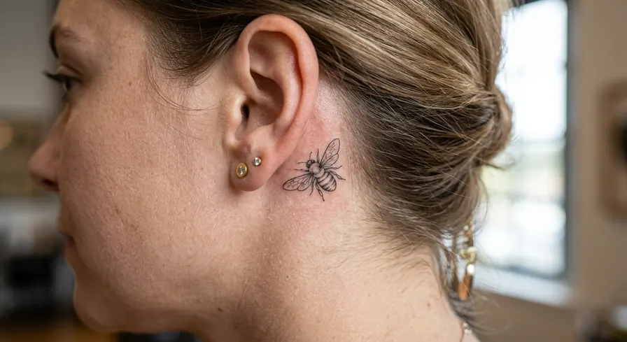 A tiny fine-line bee tattoo placed discreetly behind the ear, detailed with small dots for a delicate and charming effect.