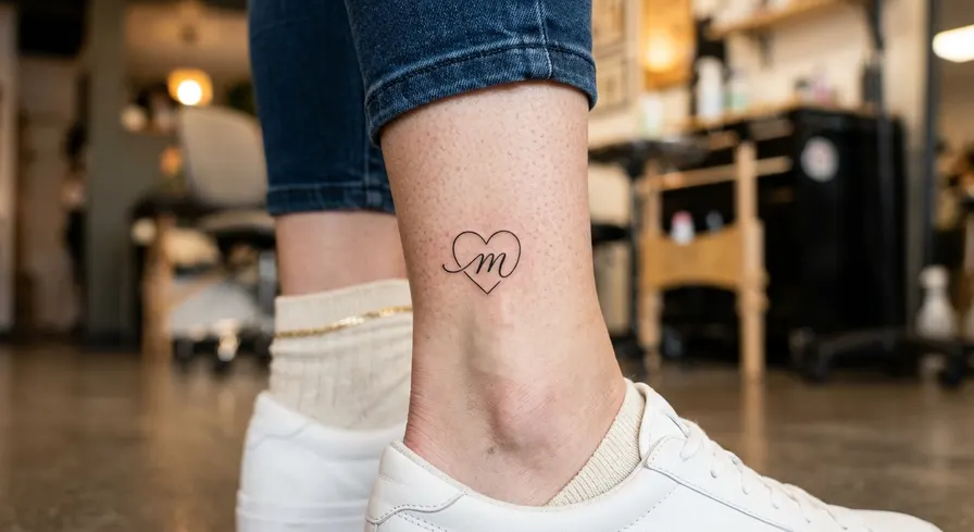 Feminine and minimal small heart tattoo on the ankle, incorporating a single initial in a fine-line script font.
