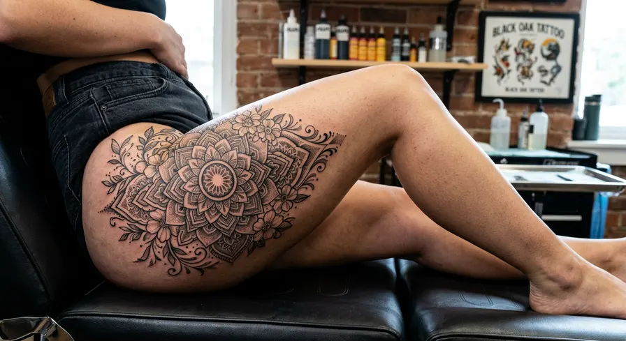 Large floral mandala tattoo with dotwork shading on an outer thigh, a low to medium pain area.