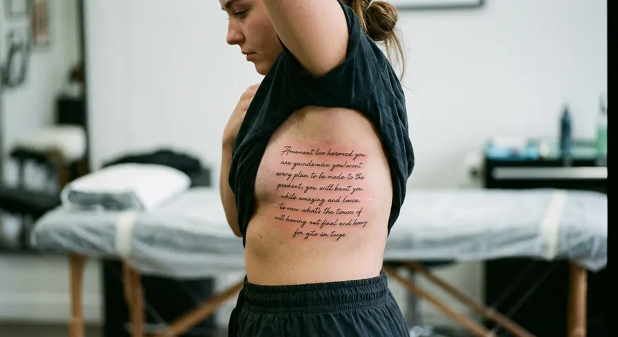 A long cursive script quote tattoo in fine line style on the side of a ribcage, a notoriously painful spot.