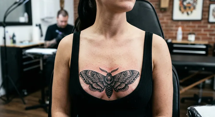 Symmetrical blackwork moth tattoo on the sternum, an area known for high tattoo pain.