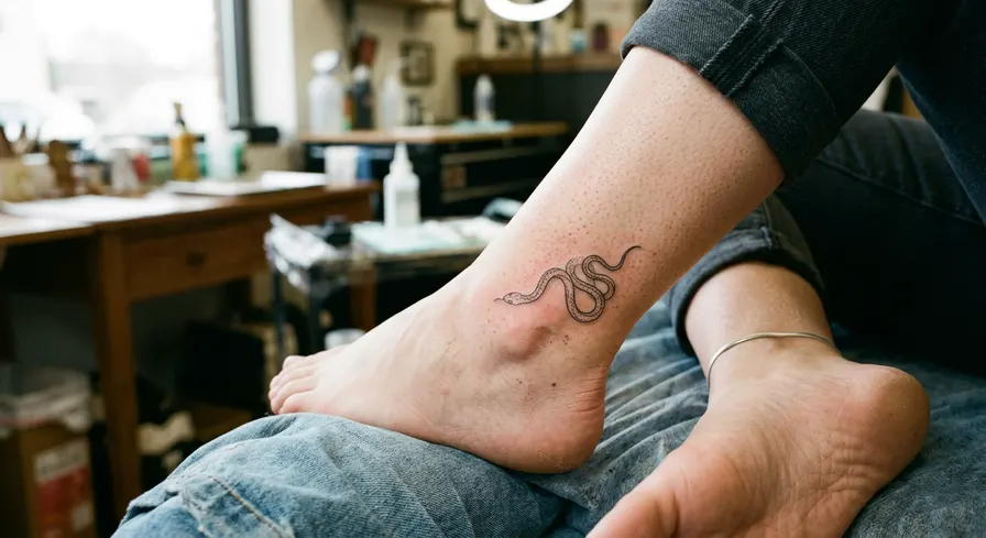 Minimalist fine line snake tattoo coiled around an ankle bone, a body part with high sensitivity.