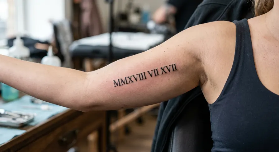 Simple Roman numeral date tattoo on the inner bicep, a placement with relatively low tattoo pain.