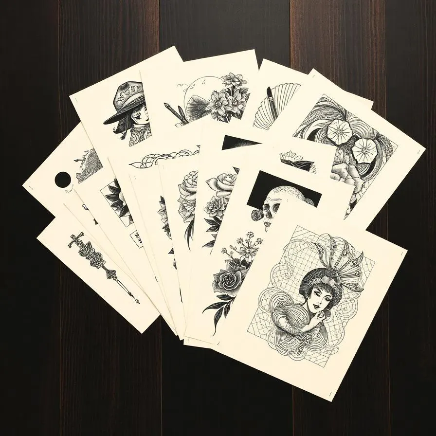 A wide editorial flatlay of many tattoo style flash sheets fanned out on dark wood.