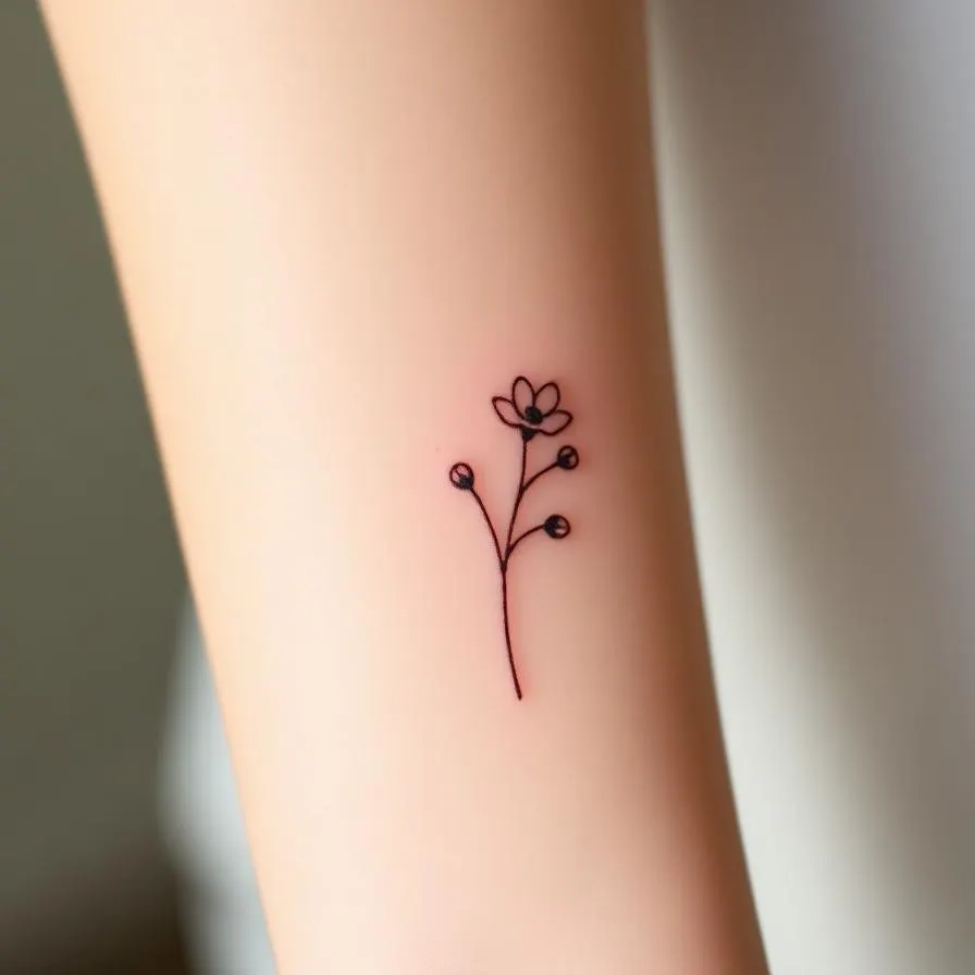 A delicate fine-line minimalist floral tattoo on a forearm in soft natural lighting.