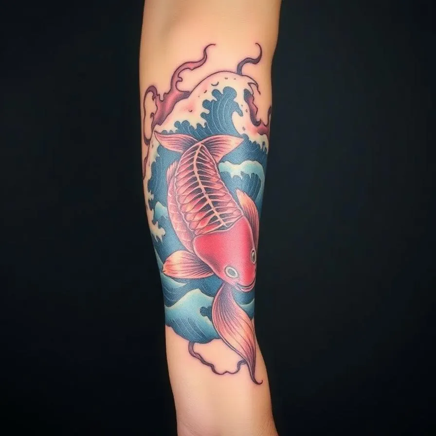 A bold traditional Japanese irezumi koi fish tattoo with waves on an arm.