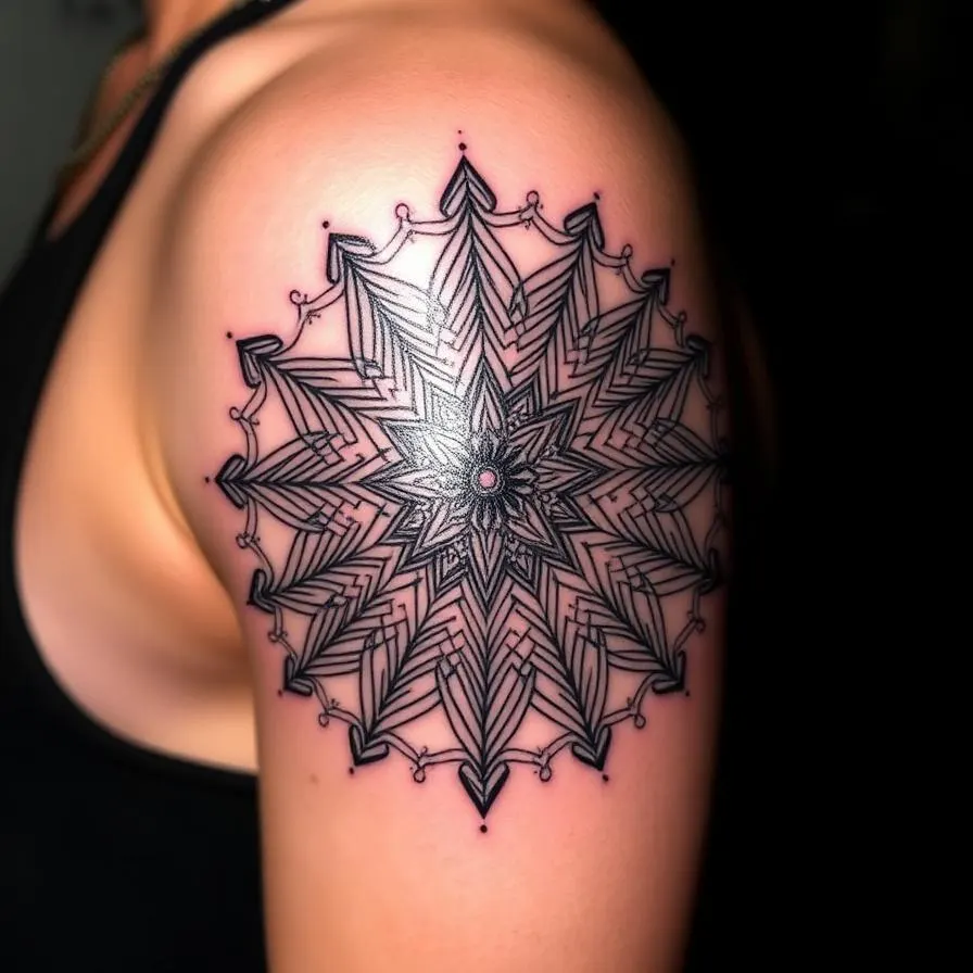 A detailed geometric mandala tattoo with sacred geometry and dotwork on an upper arm.