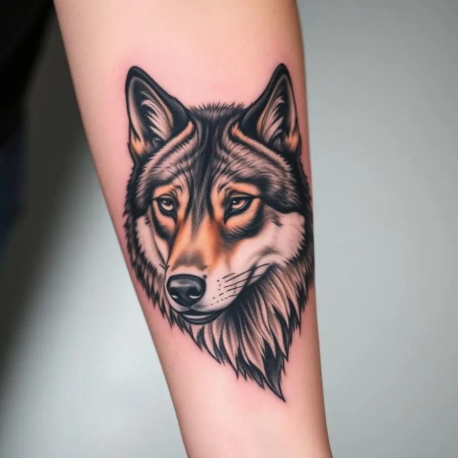 A photorealistic black-and-grey portrait tattoo of a wolf on a forearm.