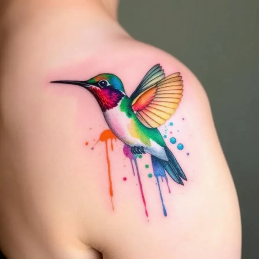 A vibrant watercolor tattoo of a hummingbird with paint splashes on a shoulder.