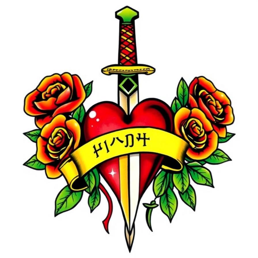 Traditional dagger through heart with roses tattoo — AI generated by Tattoosphere
