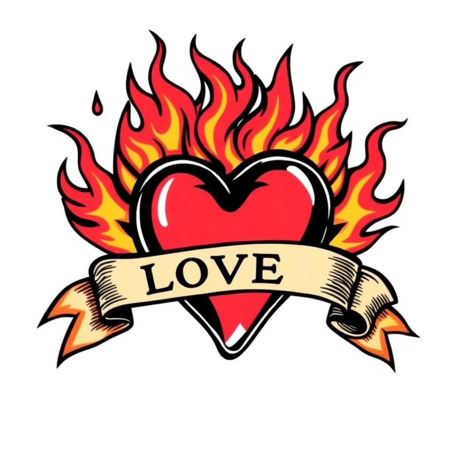 Traditional flaming heart with LOVE banner tattoo — AI generated by Tattoosphere
