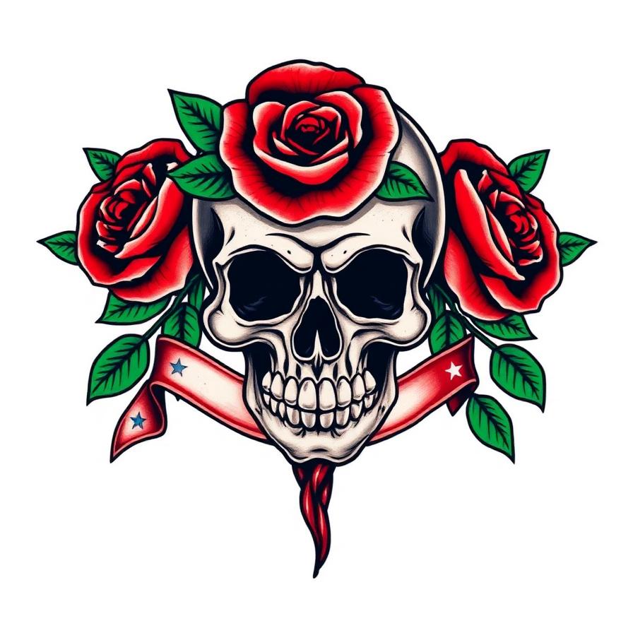 Traditional skull and roses tattoo flash design — AI generated by Tattoosphere