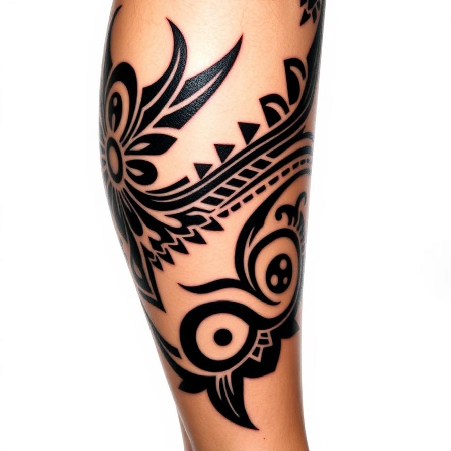 Modern neo-tribal calf tattoo with flowing black patterns — AI generated by Tattoosphere