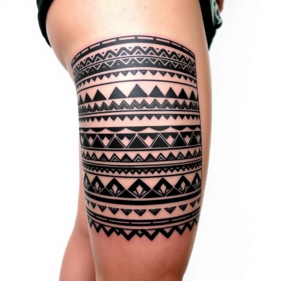 Samoan Pe'a inspired tribal thigh tattoo design — AI generated by Tattoosphere