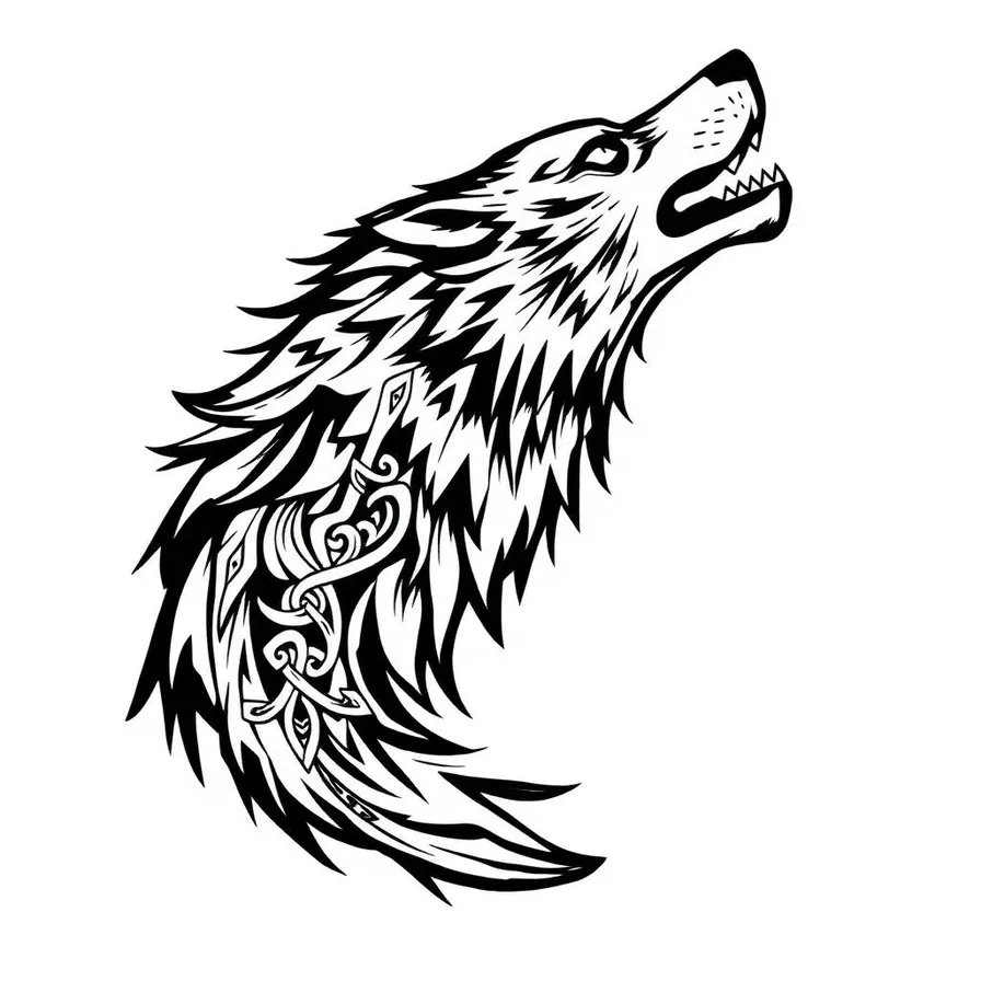 Norse-inspired wolf tattoo design with runic elements and Viking knotwork