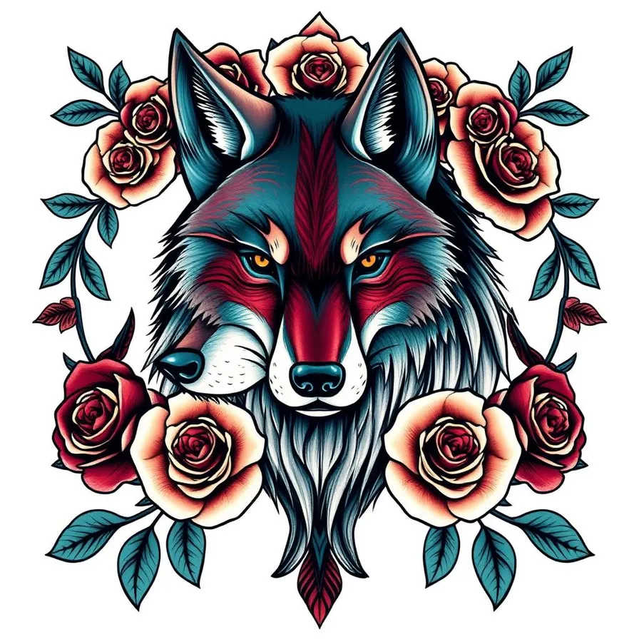 Neo-traditional wolf tattoo design with ornamental rose frame