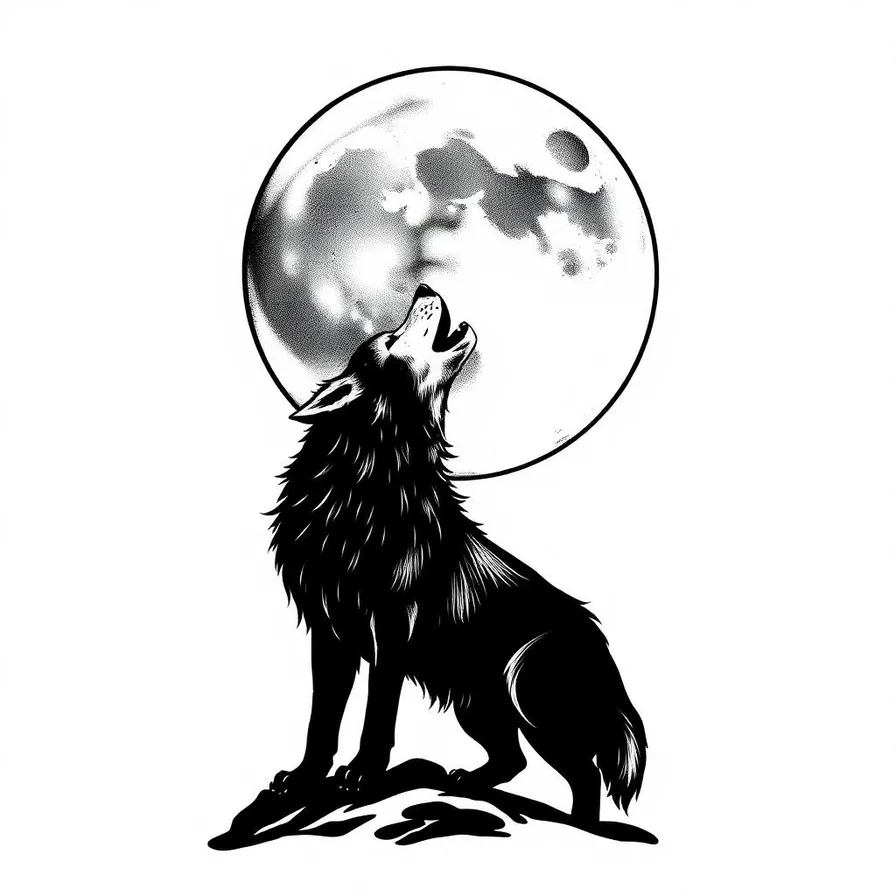 Lone wolf howling at the full moon tattoo design